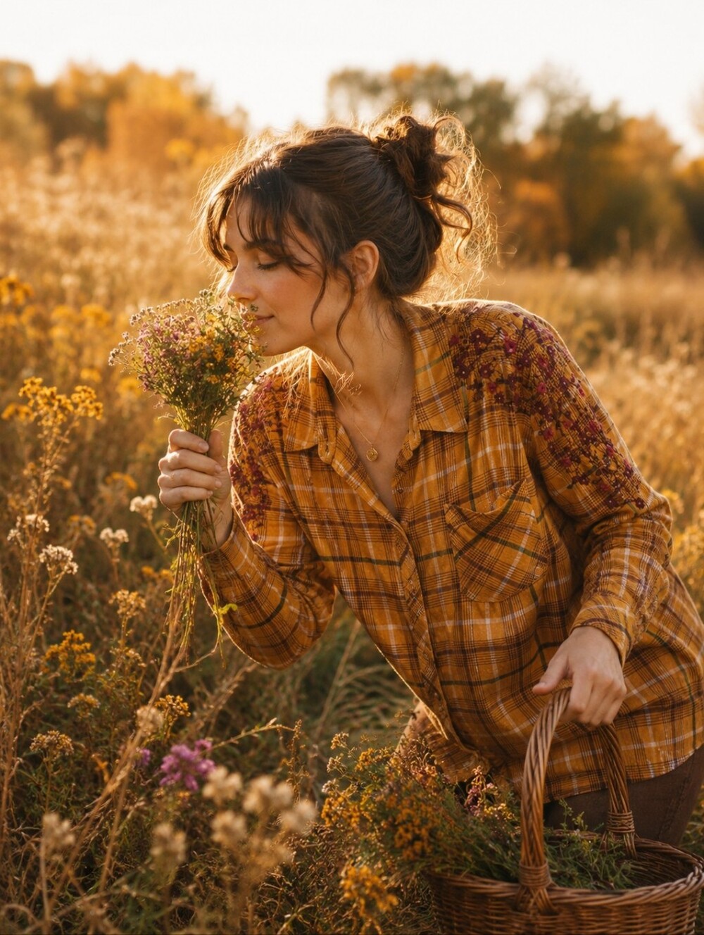 Mustard Plaid Button-Down Women's Top with Embroidered Shoulders
